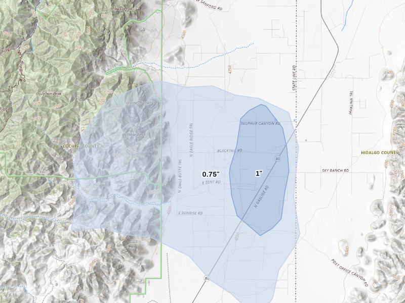 NEXRAD radar-signature map of the hail storm over San Simon, AZ on Aug 3, 2026
