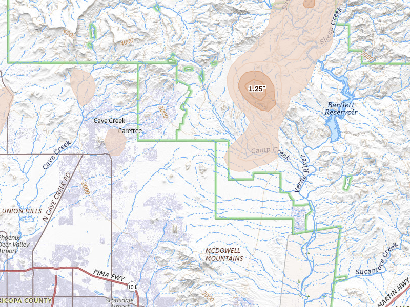 Radar-estimated hail-size map of the storm over Scottsdale, AZ on Aug 30, 2026