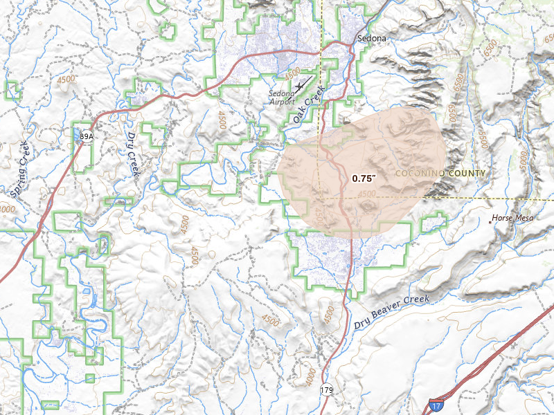 Radar-estimated hail-size map of the storm over Sedona, AZ on Aug 5, 2026