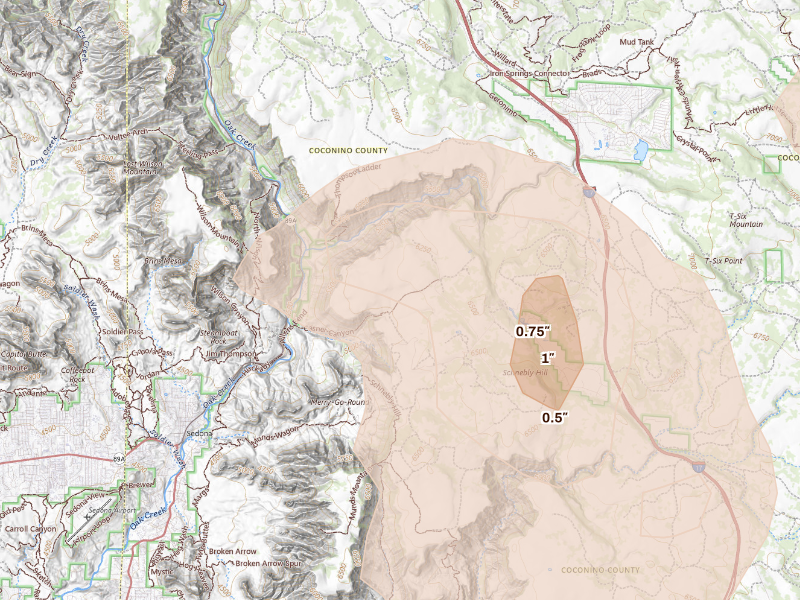 Radar-estimated hail-size map of the storm over Sedona, AZ on Sep 11, 2026