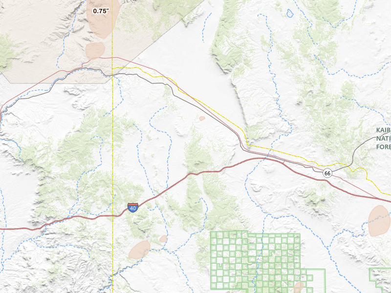 Radar-estimated hail-size map of the storm over Seligman, AZ on Jul 18, 2026
