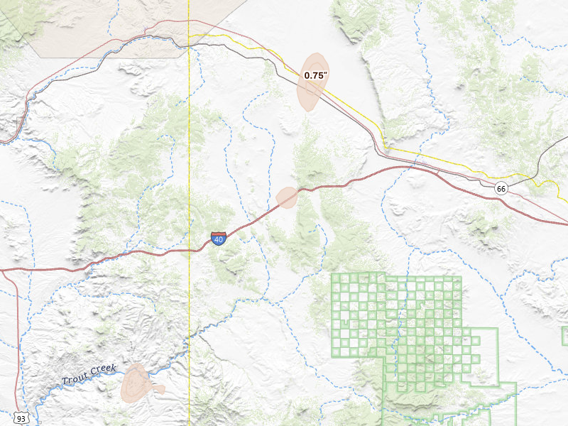 Radar-estimated hail-size map of the storm over Seligman, AZ on Jul 28, 2026