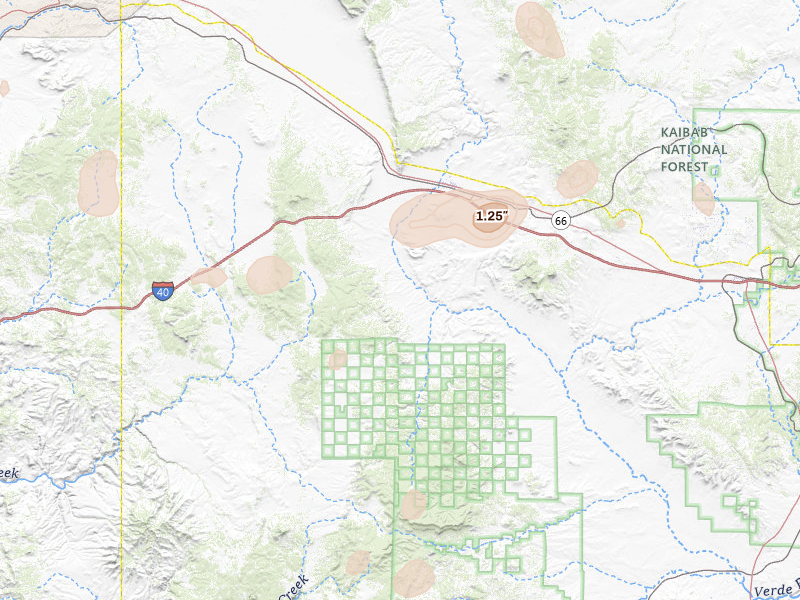 Radar-estimated hail-size map of the storm over Seligman, AZ on Aug 6, 2026