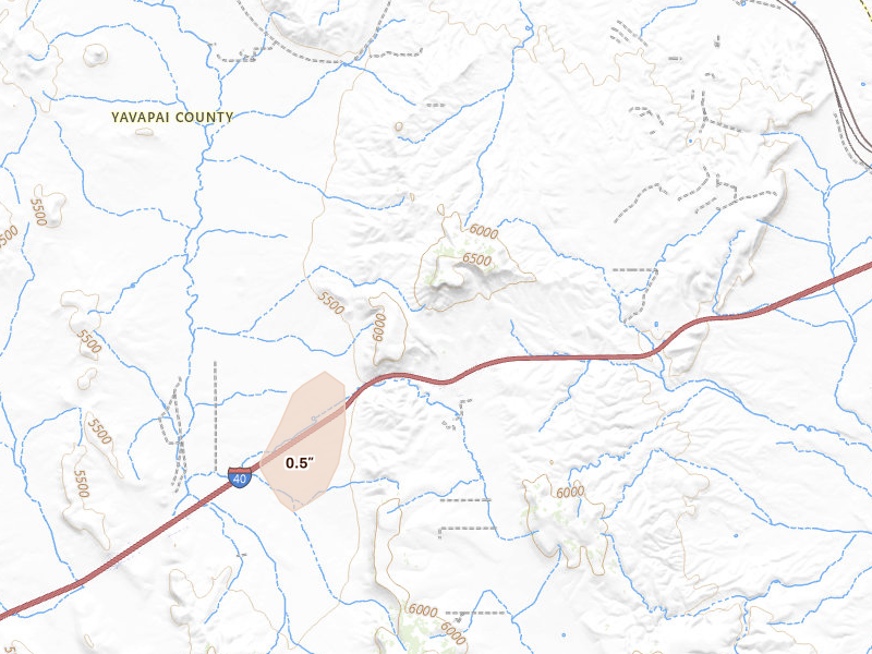 Radar-estimated hail-size map of the storm over Seligman, AZ on Aug 13, 2026