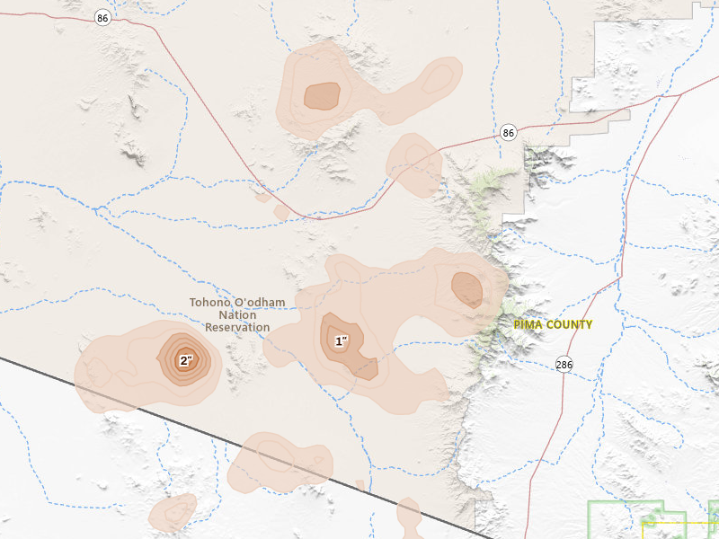 Radar-estimated hail-size map of the storm over Sells, AZ on Aug 3, 2026