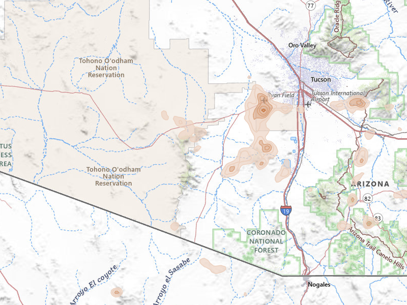 Radar-estimated hail-size map of the storm over Sells, AZ on Aug 5, 2026