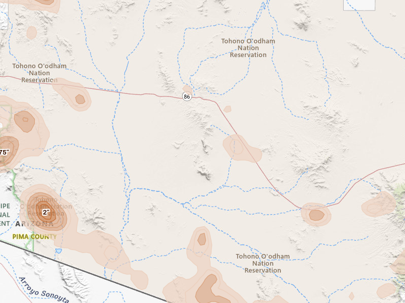 Radar-estimated hail-size map of the storm over Sells, AZ on Aug 10, 2026