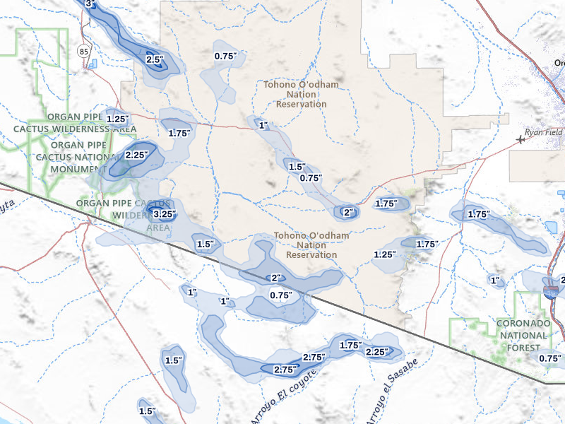 NEXRAD radar-signature map of the hail storm over Sells, AZ on Aug 10, 2026