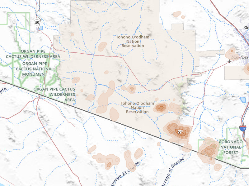 Radar-estimated hail-size map of the storm over Sells, AZ on Aug 19, 2026