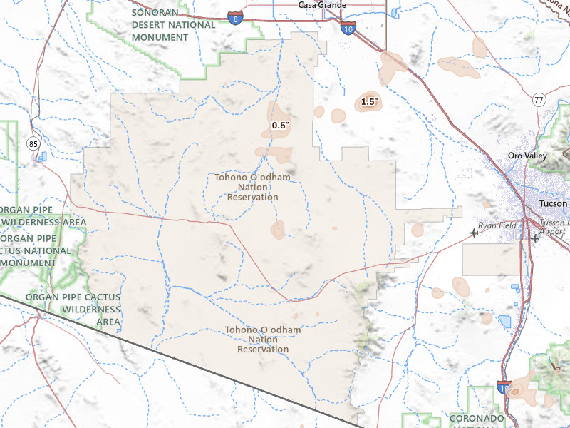 Radar-estimated hail-size map of the storm over Sells, AZ on Aug 23, 2026