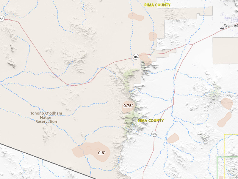 Radar-estimated hail-size map of the storm over Sells, AZ on Aug 29, 2026