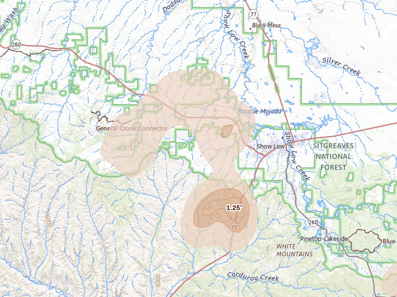 Radar-estimated hail-size map of the storm over Show Low, AZ on Aug 19, 2026