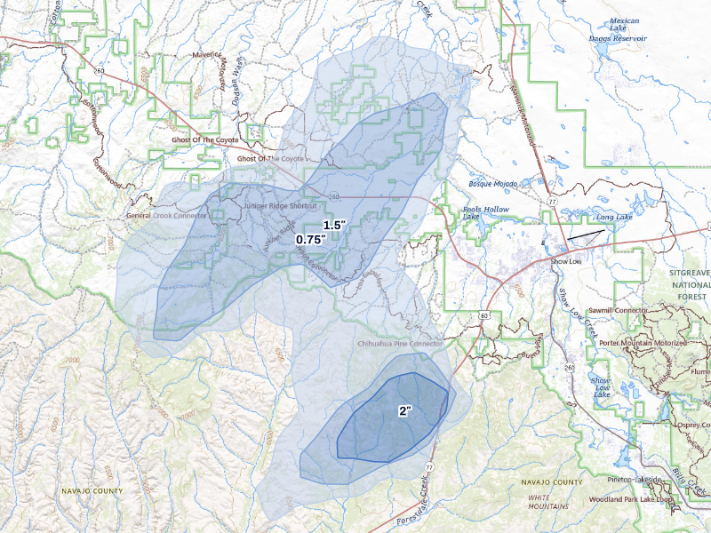 NEXRAD radar-signature map of the hail storm over Show Low, AZ on Aug 19, 2026