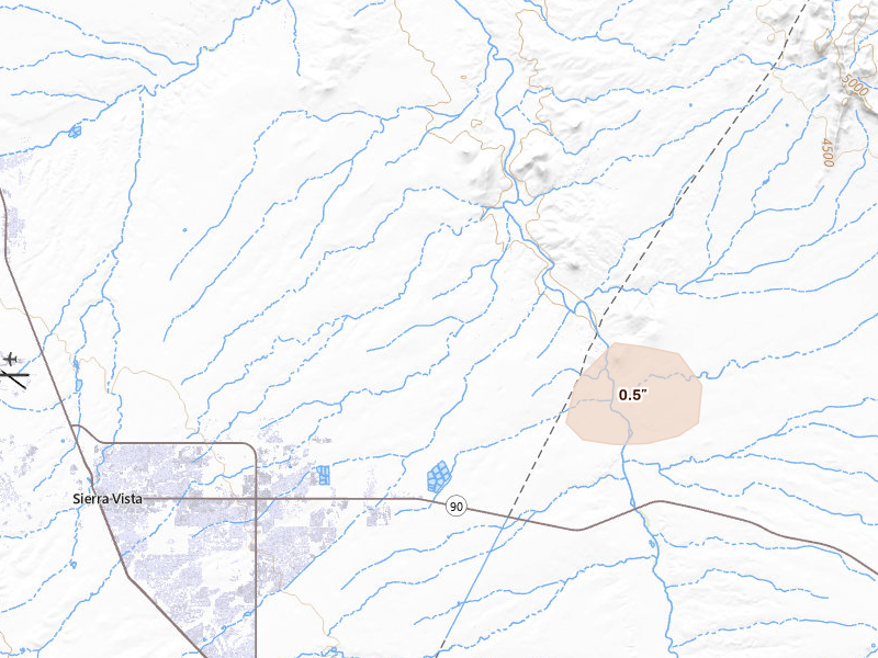 Radar-estimated hail-size map of the storm over Sierra Vista, AZ on Jul 12, 2026