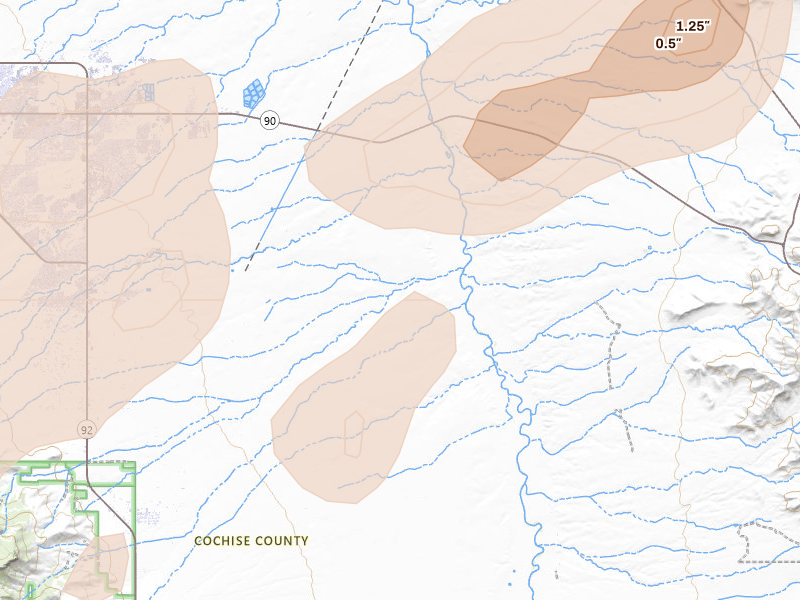 Radar-estimated hail-size map of the storm over Sierra Vista, AZ on Aug 5, 2026