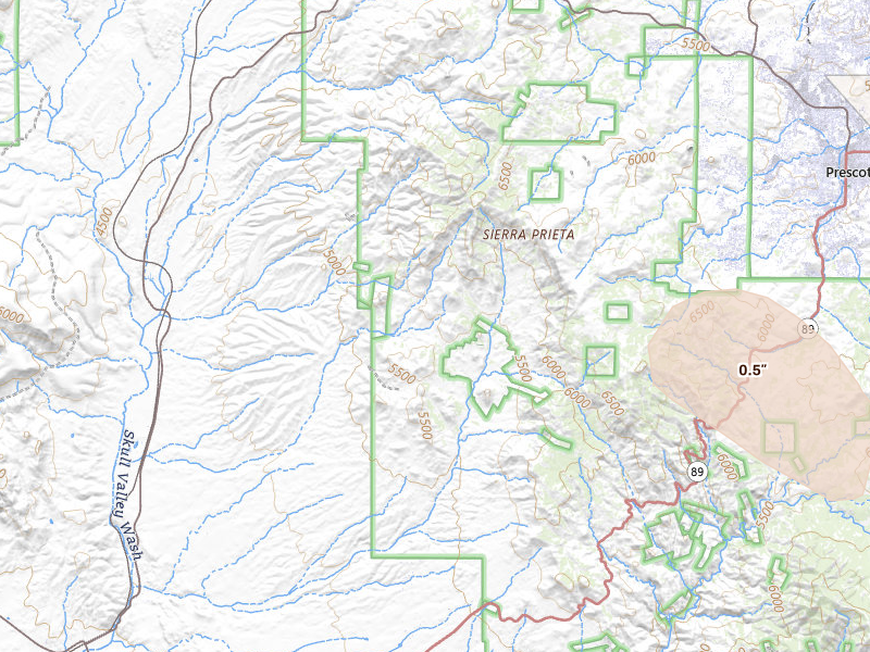 Radar-estimated hail-size map of the storm over Skull Valley, AZ on Jul 12, 2026