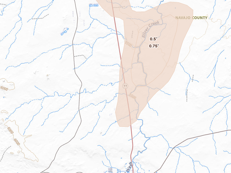 Radar-estimated hail-size map of the storm over Snowflake, AZ on Jul 20, 2026