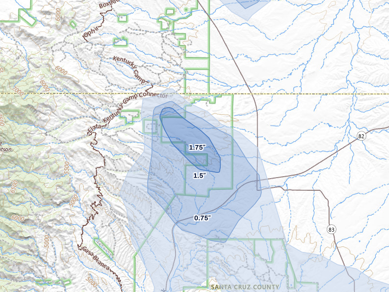 NEXRAD radar-signature map of the hail storm over Sonoita, AZ on Aug 5, 2026
