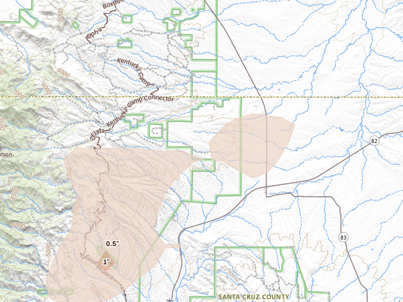 Radar-estimated hail-size map of the storm over Sonoita, AZ on Aug 10, 2026