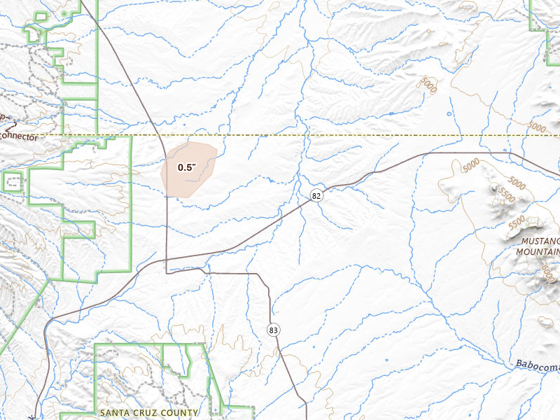 Radar-estimated hail-size map of the storm over Sonoita, AZ on Aug 14, 2026