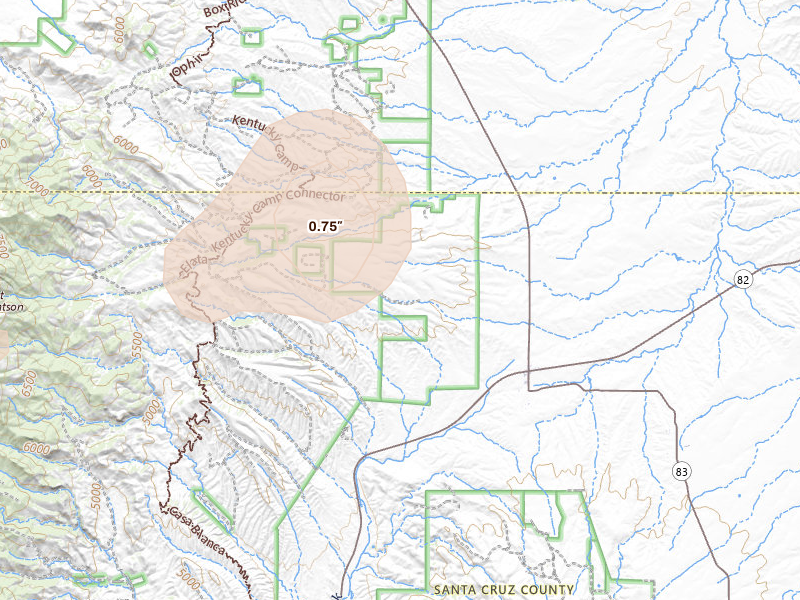 Radar-estimated hail-size map of the storm over Sonoita, AZ on Aug 23, 2026