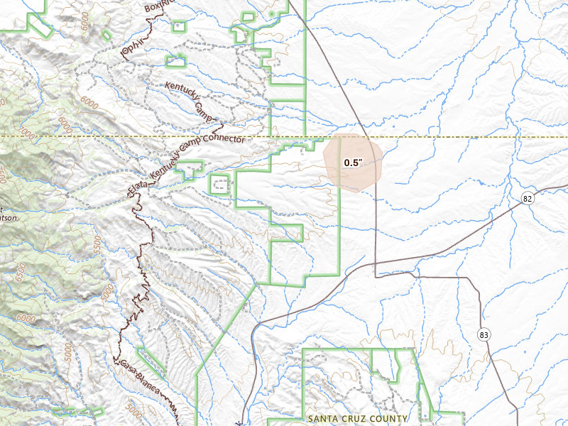 Radar-estimated hail-size map of the storm over Sonoita, AZ on Aug 27, 2026