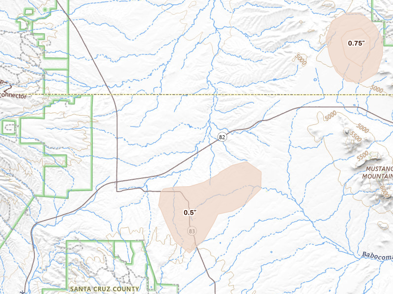 Radar-estimated hail-size map of the storm over Sonoita, AZ on Aug 29, 2026