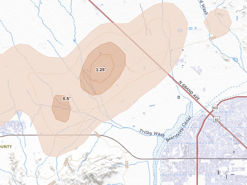Radar-estimated hail-size map of the storm over Surprise, AZ on Aug 30, 2026