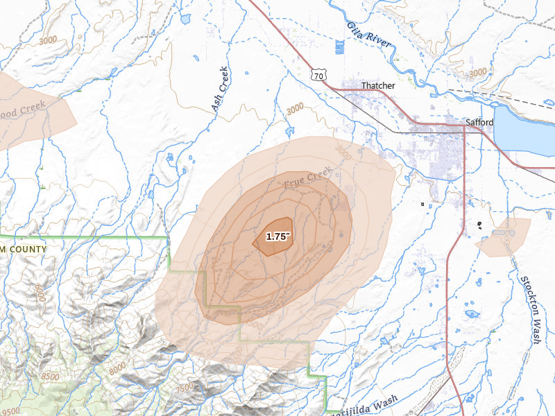Radar-estimated hail-size map of the storm over Thatcher, AZ on Aug 5, 2026