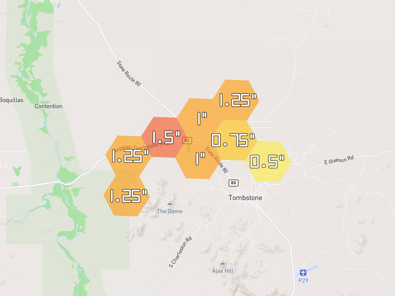 Hail map of Tombstone, AZ on Jul 11, 2026, hail up to 1.5"