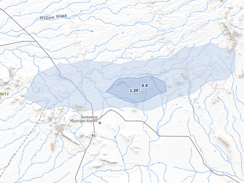 NEXRAD radar-signature map of the hail storm over Tombstone, AZ on Jul 25, 2026