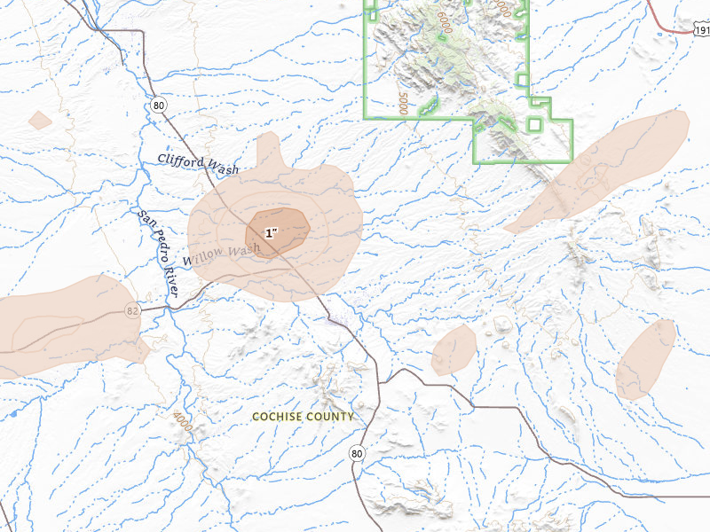 Radar-estimated hail-size map of the storm over Tombstone, AZ on Aug 3, 2026