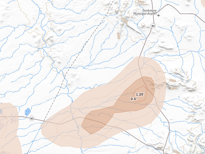 Radar-estimated hail-size map of the storm over Tombstone, AZ on Aug 5, 2026