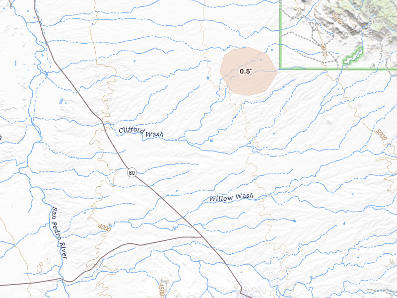 Radar-estimated hail-size map of the storm over Tombstone, AZ on Aug 21, 2026