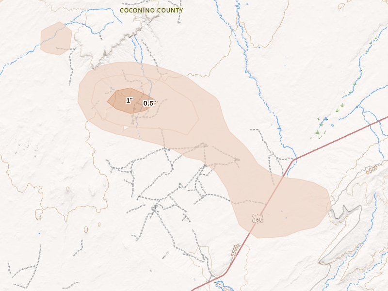 Radar-estimated hail-size map of the storm over Tonalea, AZ on Jul 21, 2026