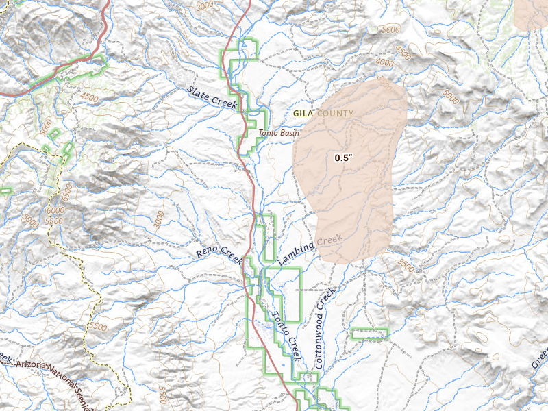 Radar-estimated hail-size map of the storm over Tonto Basin, AZ on May 25, 2026