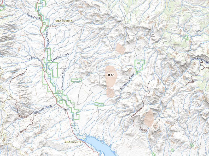Radar-estimated hail-size map of the storm over Tonto Basin, AZ