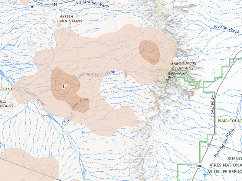 Radar-estimated hail-size map of the storm over Topawa, AZ on Aug 3, 2026