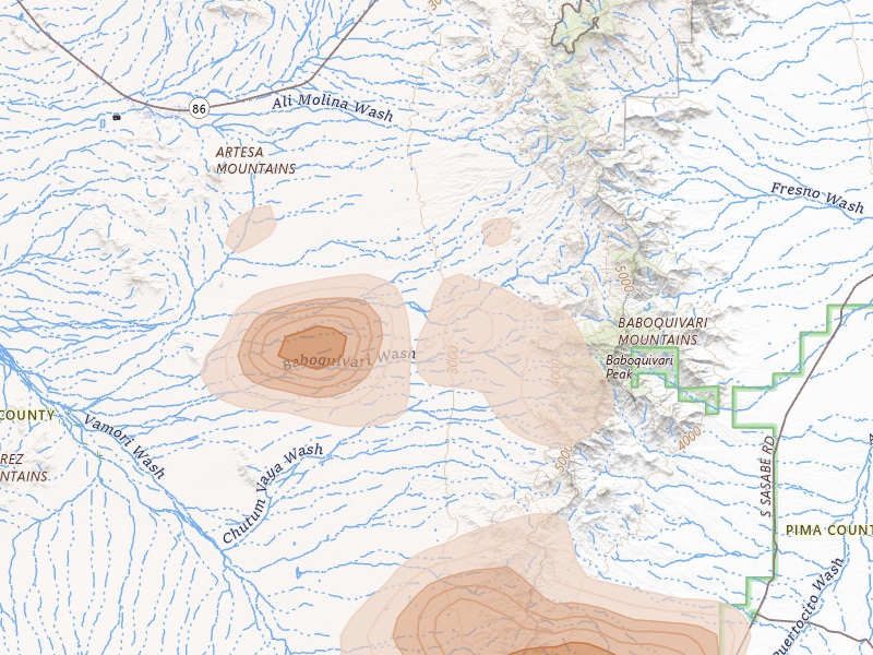 Radar-estimated hail-size map of the storm over Topawa, AZ on Aug 19, 2026