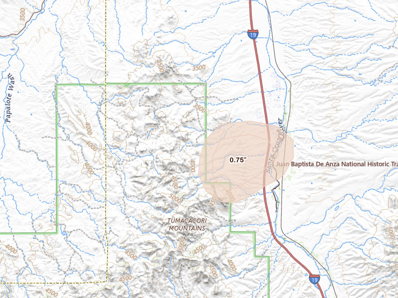Radar-estimated hail-size map of the storm over Tubac, AZ on Aug 26, 2026