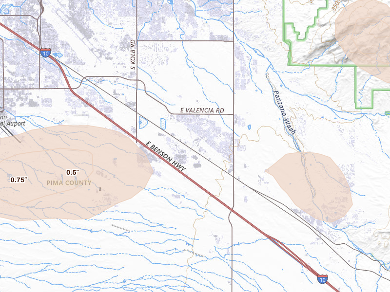 Radar-estimated hail-size map of the storm over Tucson, AZ on Jul 12, 2026
