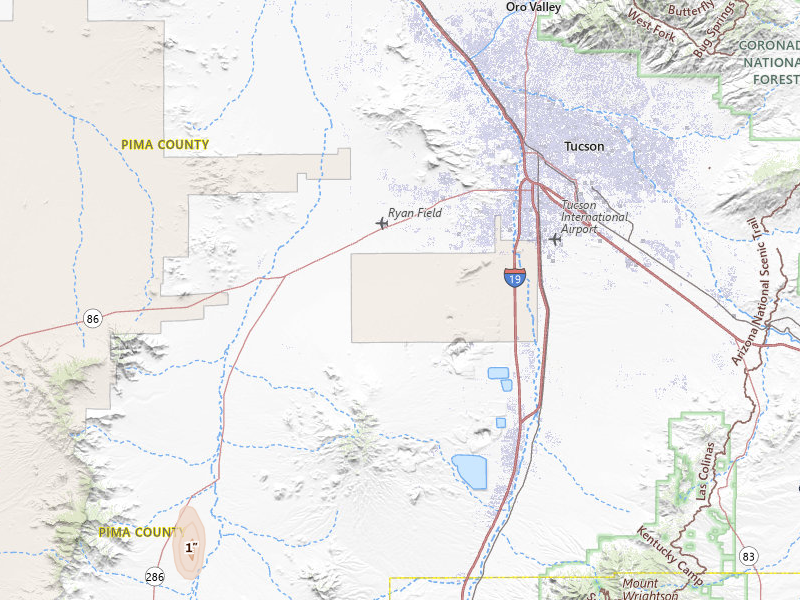 Radar-estimated hail-size map of the storm over Tucson, AZ on Jul 27, 2026