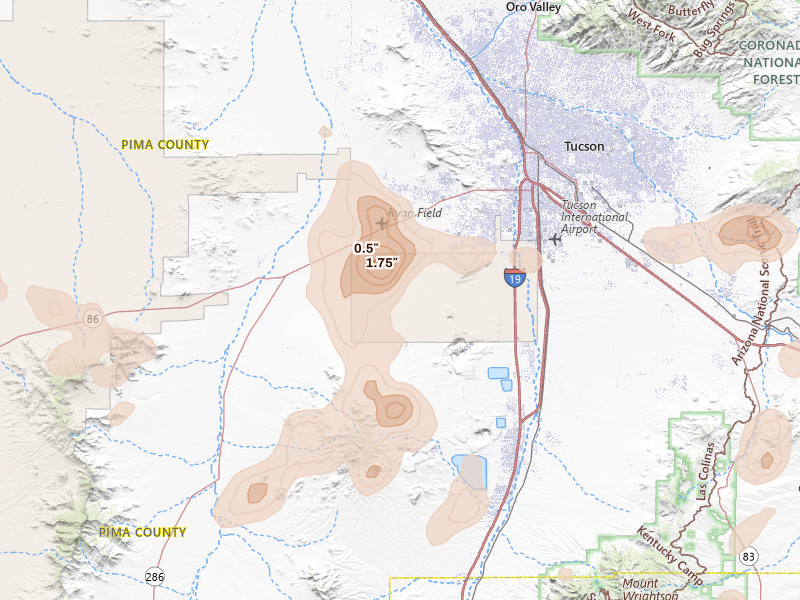 Radar-estimated hail-size map of the storm over Tucson, AZ on Aug 5, 2026