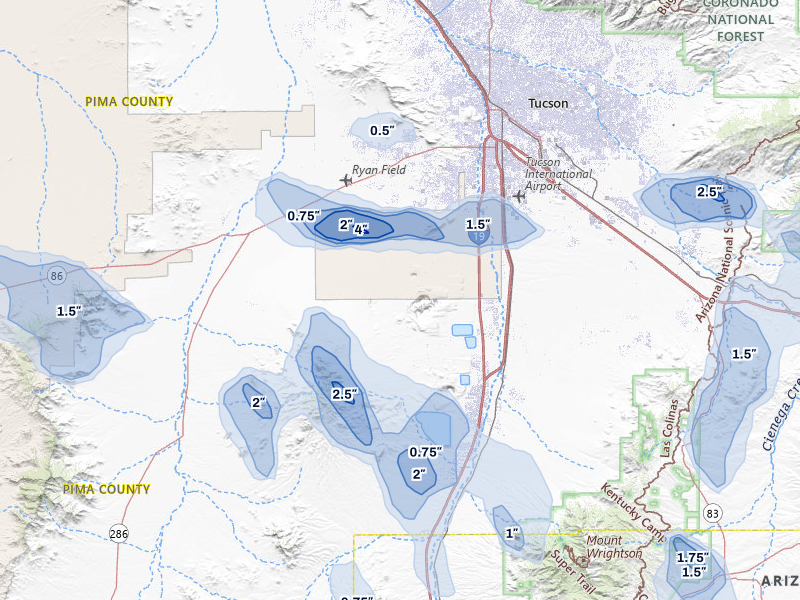 NEXRAD radar-signature map of the hail storm over Tucson, AZ on Aug 5, 2026