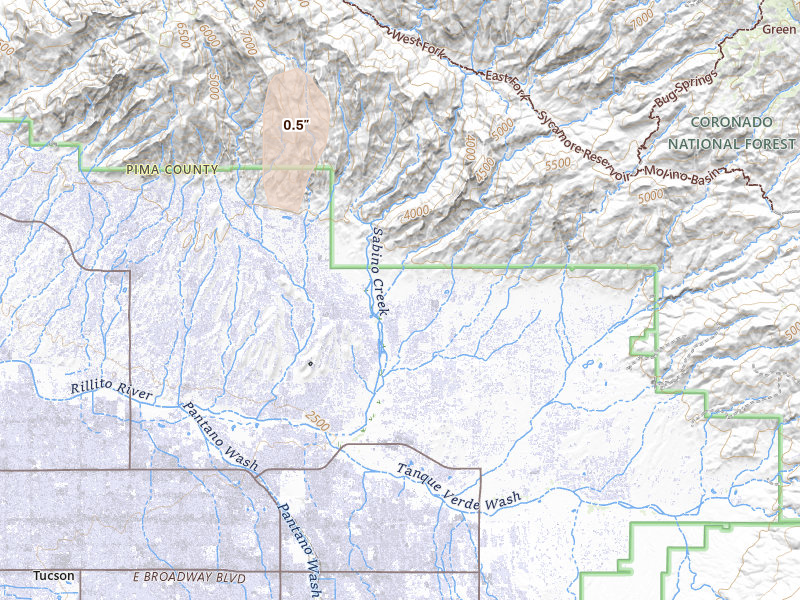 Radar-estimated hail-size map of the storm over Tucson, AZ on Aug 9, 2026