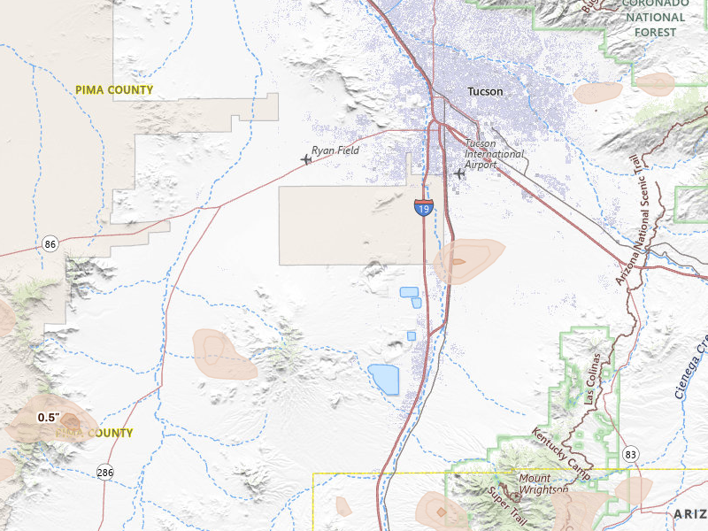 Radar-estimated hail-size map of the storm over Tucson, AZ on Aug 10, 2026
