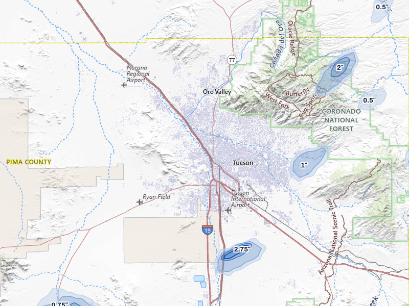 NEXRAD radar-signature map of the hail storm over Tucson, AZ on Aug 10, 2026
