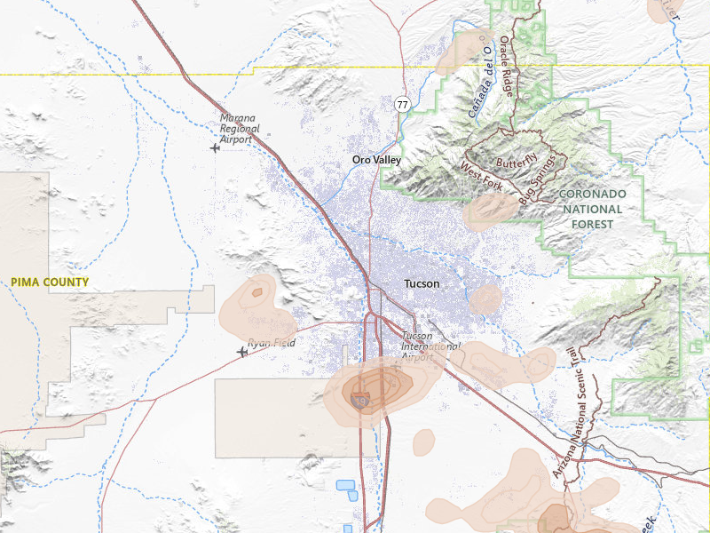 Radar-estimated hail-size map of the storm over Tucson, AZ on Aug 19, 2026