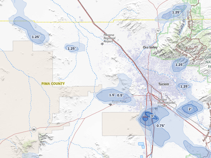 NEXRAD radar-signature map of the hail storm over Tucson, AZ on Aug 19, 2026