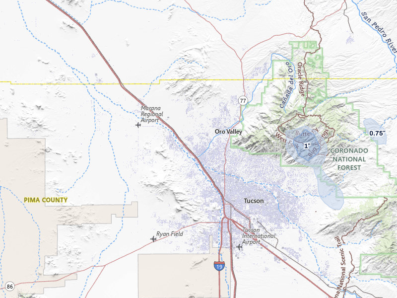NEXRAD radar-signature map of the hail storm over Tucson, AZ on Aug 23, 2026